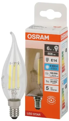 Лампа светодиодная филаментная 6W/6500K (=75W) E14 | Свеча на ветру | LED STAR 5Y FILAMENT | - OSRAM. Фото 2