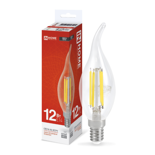 Лампа светодиодная LED-СВЕЧА НА ВЕТРУ-deco 12Вт 230В Е14 4000К 1350Лм прозрачная IN HOME - Фото