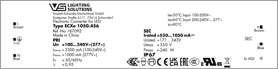 Драйвер влагозащищённый для светодиодов 240W/530-1050мА 115-349V IP67 | потенциометр | ECXe 1050.456 | - Vossloh-Schwabe. Фото 3