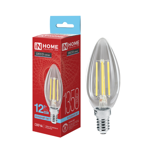 Лампа светодиодная LED-СВЕЧА-deco 12Вт 230В Е14 6500К 1350Лм прозрачная IN HOME - Фото