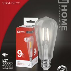 Лампа светодиодная LED-ST64-deco 9Вт 230В Е27 4000К 1140Лм прозрачная IN HOME