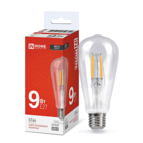 Лампа светодиодная LED-ST64-deco 9Вт 230В Е27 4000К 1140Лм прозрачная IN HOME - Фото