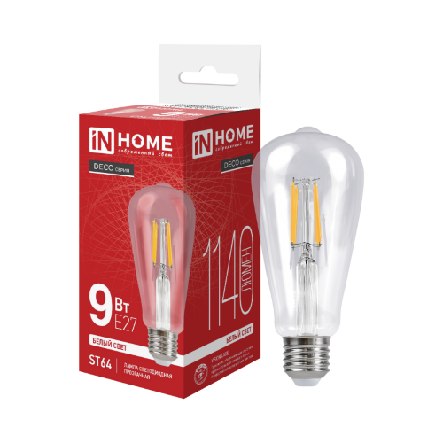 Лампа светодиодная LED-ST64-deco 9Вт 230В Е27 4000К 1140Лм прозрачная IN HOME - Фото 2