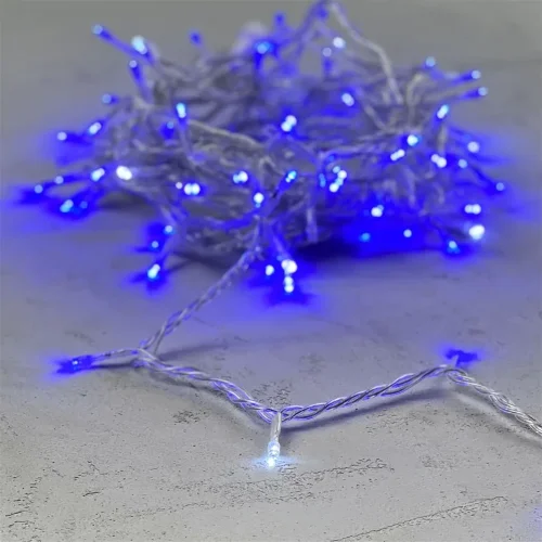 Гирлянда Нить 10м Синяя с Мерцанием Белого Диода 220В, 100 LED, Провод Прозрачный ПВХ, IP54. Фото 5.