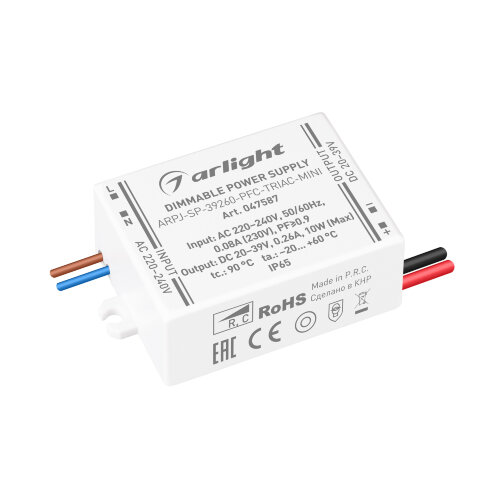 Блок питания ARPJ-SP-39260-PFC-TRIAC-MINI (10W, 20-39V, 260mA) (Arlight, IP65 Пластик, 5 лет) 047587 - фото