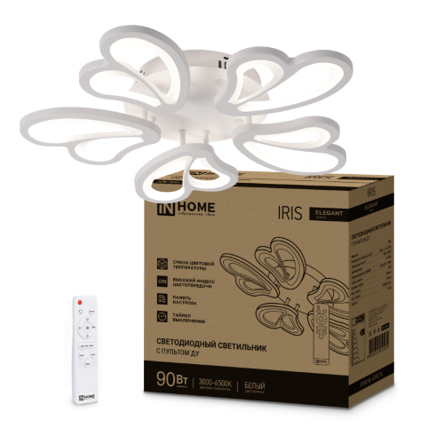 Светильник светодиодный ELEGANT IRIS 90Вт 230В 3000-6500K 550х525х85мм c пультом ДУ белый IN HOME - Фото