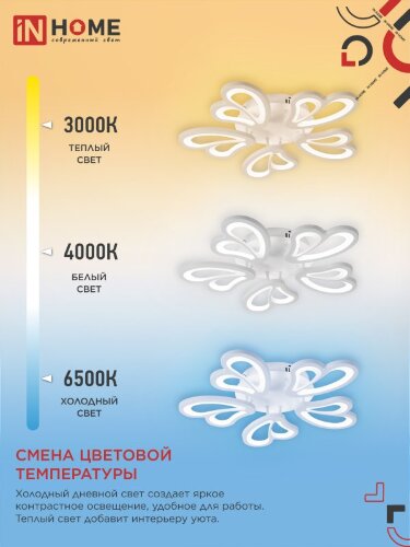 Светильник светодиодный ELEGANT IRIS 90Вт 230В 3000-6500K 550х525х85мм c пультом ДУ белый IN HOME - Фото 8
