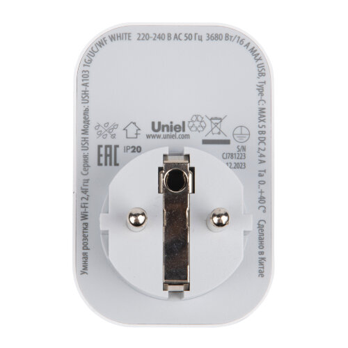 USH-A103 1G-UC-WF WHITE Умная розетка Wi-Fi, 2USB+Type-C 5В, 2.4A, 16A, До 3680Вт, Голосовое управление+приложение UnielSmart, TM Uniel - фото 5