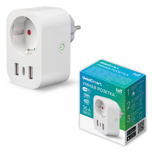 USH-A103 1G-UC-WF WHITE Умная розетка Wi-Fi, 2USB+Type-C 5В, 2.4A, 16A, До 3680Вт, Голосовое управление+приложение UnielSmart, TM Uniel - фото 13
