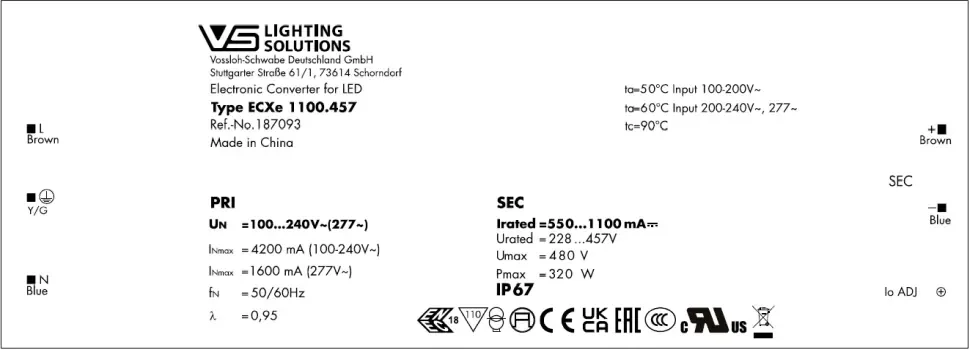 Драйвер влагозащищённый для светодиодов 320W/550-1110мА 220-457V IP67 | потенциометр | ECXe 1050.457 | - Vossloh-Schwabe. Фото 3
