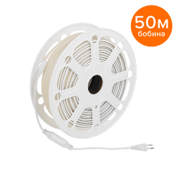 Светодиодная лента герметичная WOLTA WLS-220V-COB-8W/3000/S280 220В COB 280led/м 8Вт/м 750лм/м 3000К IP65. Бобина 50 м., в комплекте: сетевой шнур, 2 заглушки, 2 фикс. клипсы.