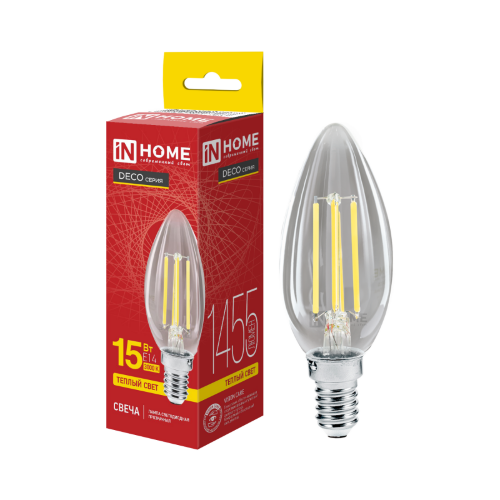 Лампа светодиодная LED-СВЕЧА-deco 15Вт 230В Е14 3000К 1455Лм прозрачная IN HOME - Фото