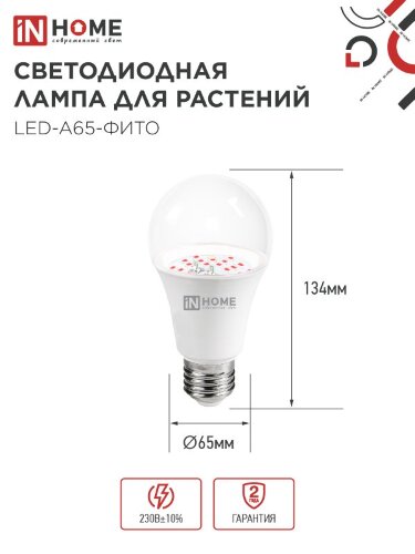 Лампа светодиодная LED-A65 STD-ФИТО красно-синий спектр 25Вт 230В Е27 IN HOME - Фото 2