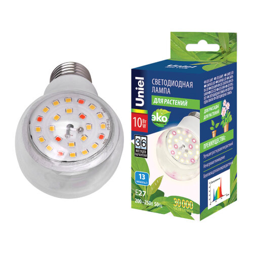 LED-A60-10W/SPFB/E27/CL PLP30WH Лампа светодиодная для растений. Форма "A", прозрачная. Спектр для фотосинтеза - фото