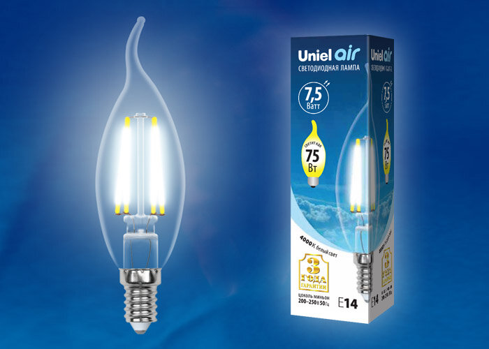 LED-CW35-7,5W/NW/E14/CL GLA01TR Лампа светодиодная. Форма "свеча на ветру", прозрачная. Серия Air. Белый свет (4000K) - фото