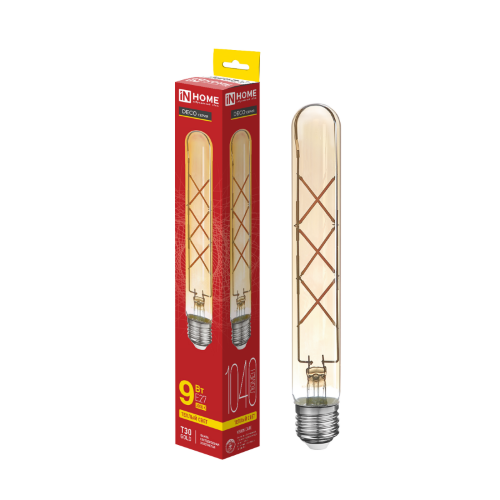Лампа светодиодная LED-T30-deco gold 9Вт 230В Е27 3000К 1040Лм 225мм золотистая IN HOME - Фото