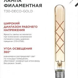 Лампа светодиодная LED-T30-deco gold 9Вт 230В Е27 3000К 1040Лм 225мм золотистая IN HOME