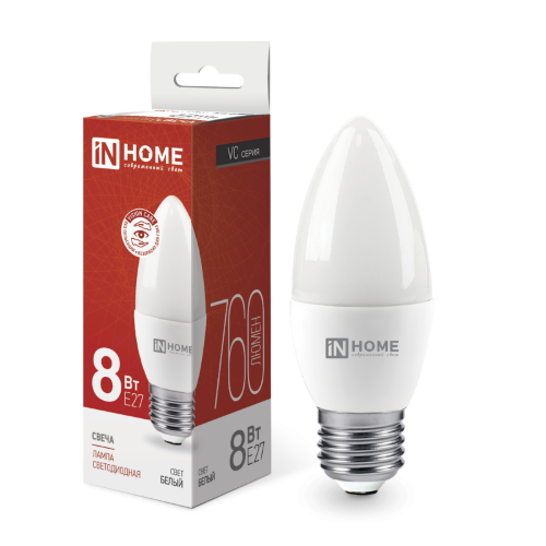 Лампа светодиодная LED-СВЕЧА-VC 8Вт 230В Е27 4000К 760Лм IN HOME - Фото