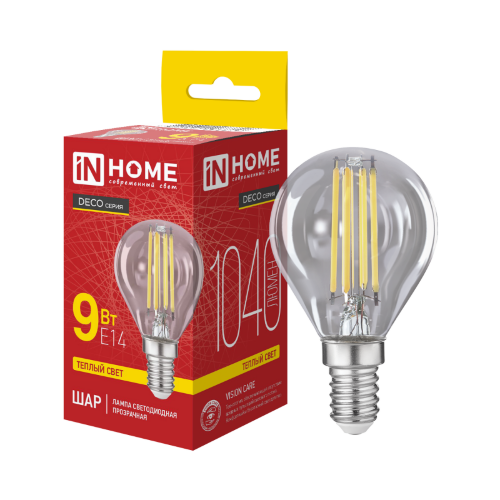 Лампа светодиодная LED-ШАР-deco 9Вт 230В Е14 3000К 1040Лм прозрачная IN HOME - Фото