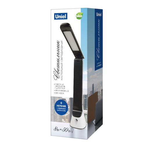 TLD-564 White-Black/LED/500Lm/3000-6000K/Dimmer/NightLight Светильник настольный с ночником, 8W. Сенсорный выключатель. Диммер. Белый с черным. ТМ Uniel - фото