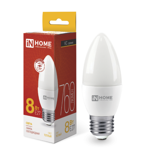 Лампа светодиодная LED-СВЕЧА-VC 8Вт 230В Е27 3000К 760Лм IN HOME - Фото 2