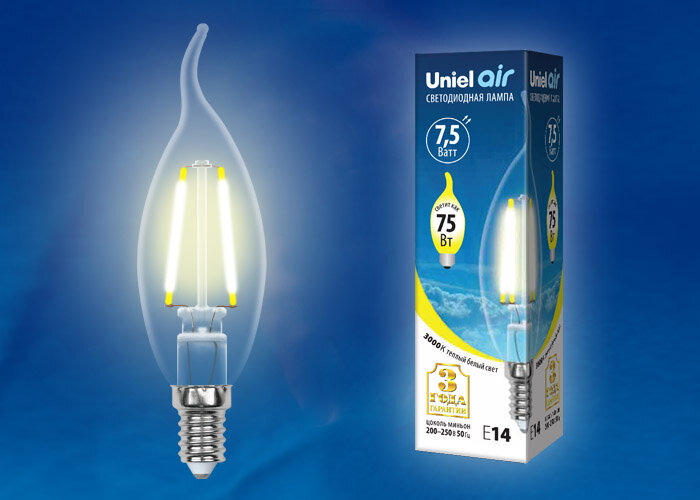 LED-CW35-7,5W/WW/E14/CL GLA01TR Лампа светодиодная. Форма "свеча на ветру", прозрачная. Серия Air. Теплый белый свет (3000K) - фото