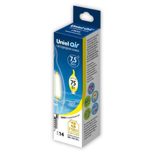 LED-CW35-7.5W-WW-E14-CL GLA01TR Лампа светодиодная, Форма свеча на ветру, прозрачная, Серия Air, Теплый белый свет 3000K - фото 2