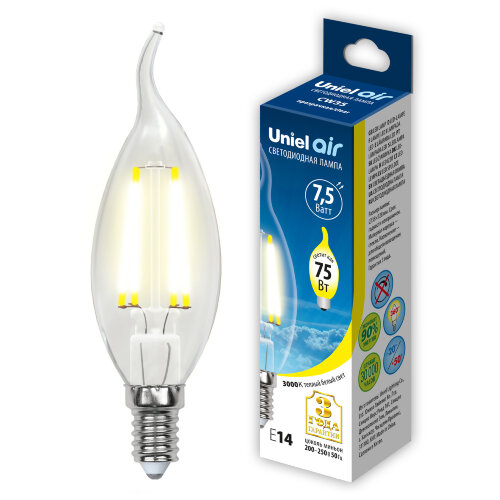 LED-CW35-7.5W-WW-E14-CL GLA01TR Лампа светодиодная, Форма свеча на ветру, прозрачная, Серия Air, Теплый белый свет 3000K - фото 3