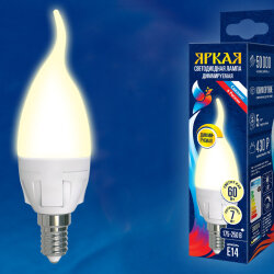 LED-CW37 7W-3000K-E14-FR-DIM PLP01WH Лампа светодиодная, диммируемая, Форма свеча на ветру, матовая, Серия Яркая, Теплый белый свет 3000K.