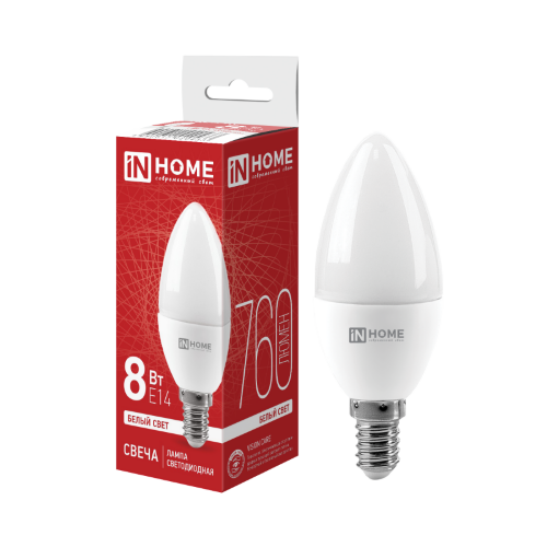 Лампа светодиодная LED-СВЕЧА-VC 8Вт 230В Е14 4000К 760Лм IN HOME - Фото