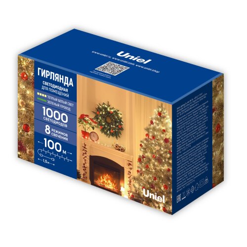 ULD-S10000-1000-DGA WARM WHITE IP20 Гирлянда светодиодная, 100м, 1000 светодиодов, Теплый белый свет, Провод зеленый - фото 13