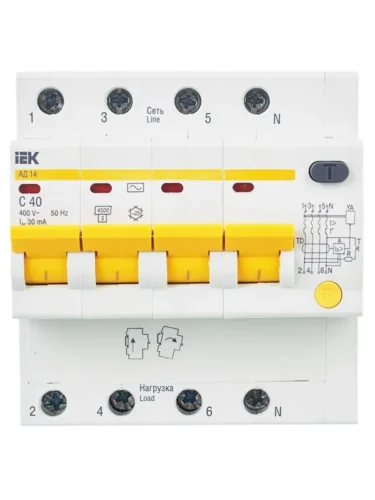 Выключатель автоматический дифференциального тока 4п C 40А 30мА тип AC 4.5кА АД-14 KARAT IEK MAD10-4-040-C-030 - фото 2