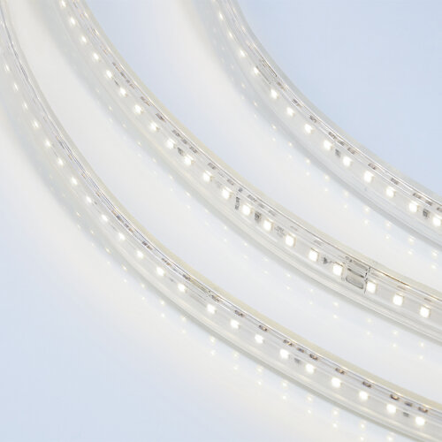 Светодиодная лента герметичная WOLTA WLS-220V-2835-10W/6500/S120 220В SMD2835 120led/м 10Вт/м 750лм/м 6500К IP65. Бобина 50 м., в комплекте: сетевой шнур, 2 заглушки, 2 коннектора, 2 фикс. клипсы. - фото 1.
