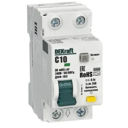 Выключатель автоматический дифференциального тока (АВДТ) 1P+N 10А 30мА AC х-ка C ДИФ-103 6кА DEKraft 16310DEK
