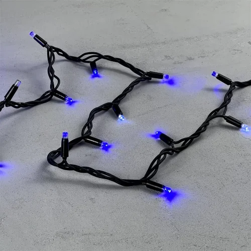 Гирлянда Нить 10м Синяя с Мерцанием Белого Диода 220В, 100 LED, Провод Черный Каучук, IP65. Фото 3.