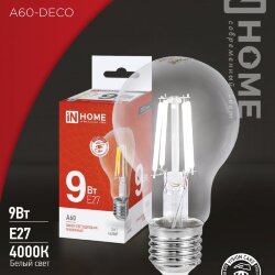 Лампа светодиодная LED-A60-deco 9Вт 230В Е27 4000К 1040Лм прозрачная IN HOME