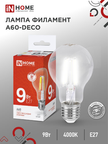 Лампа светодиодная LED-A60-deco 9Вт 230В Е27 4000К 1040Лм прозрачная IN HOME - Фото