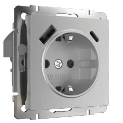 Розетка с заземлением, шторками и USB тип A+C (серебряный рифленый) W1171709