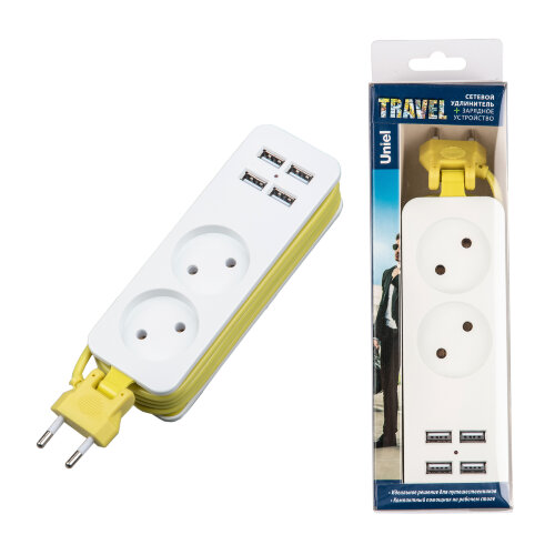 S-CT2-1,5U WHITE/GREEN Удлинитель серии Travel, шнур 1,5м., 2 гнездa, 10A, б/з, 4USB(2,1A) Белый с салатовым. ТМ Uniel - фото