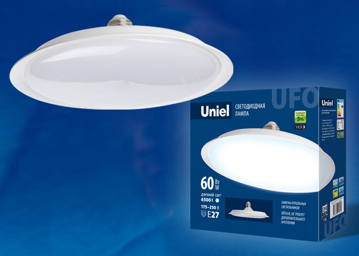 LED-U270-60W/6500K/E27/FR PLU01WH Лампа светодиодная. Форма «UFO», матовая. Дневной белый свет (6500K) - фото