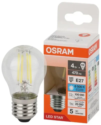 Лампа светодиодная филаментная 4W/6500K (=40W) E27 | Шарик | LED Star 5Y FILAMENT | - OSRAM. Фото 2