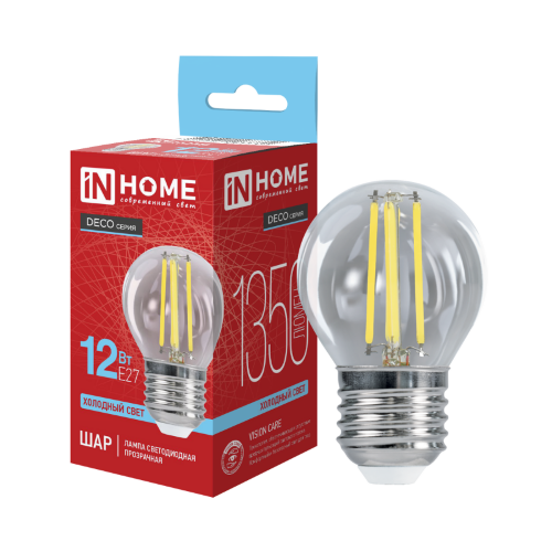 Лампа светодиодная LED-ШАР-deco 12Вт 230В Е27 6500К 1350Лм прозрачная IN HOME - Фото