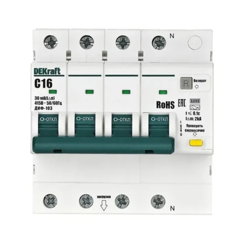 Выключатель автоматический дифференциального тока (АВДТ) 3P+N 16А 30мА A х-ка C ДИФ-103 6кА DEKraft 16428DEK - фото 2