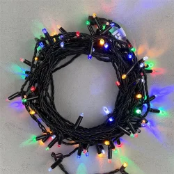 Гирлянда Нить с Колпачком 10м Разноцветная с Мерцанием Белого Диода 220В, 100 LED, Провод Черный ПВХ