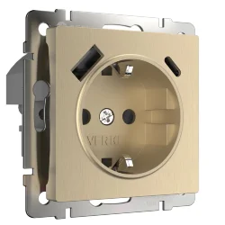 Розетка с заземлением, шторками и USB тип A+C (шампань рифленый) W1171710