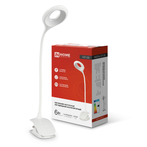 Светильник настольный светодиодный CRAFT ССП-22Б аккумулятор 6Вт 480Лм, сенсор-диммер, USB-кабель, на прищепке БЕЛЫЙ IN HOME - Фото 2