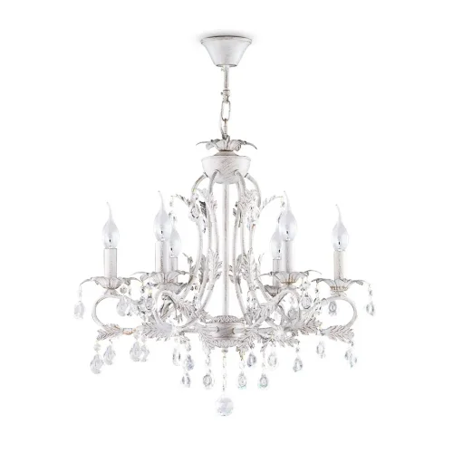 Серия светильников с дубовыми листочками и розетками в виде распустившегося цветка в отделке 'белое золото', с октагонами и каплями прозрачного хрусталя, великолепно украсила бы внутреннее пространство какого-нибудь палаццо в Венеции. При этом светильники