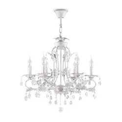 Серия светильников с дубовыми листочками и розетками в виде распустившегося цветка в отделке 'белое золото', с октагонами и каплями прозрачного хрусталя, великолепно украсила бы внутреннее пространство какого-нибудь палаццо в Венеции. При этом светильники