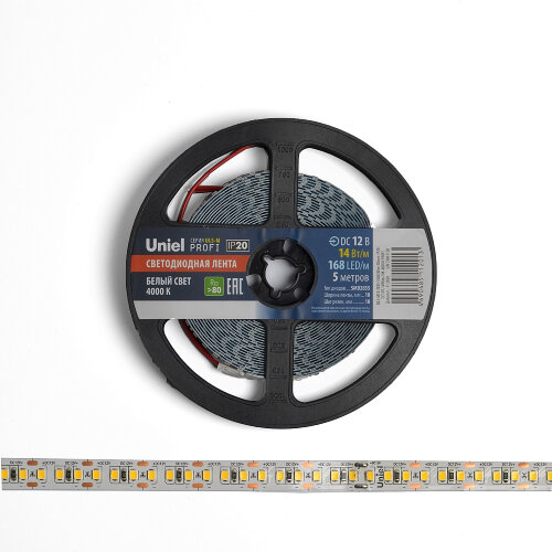 ULS-M14-2835-168LED-m-10mm-IP20-DC12V-14W-m-5M-4000K PROFI Гибкая светодиодная лента на самоклеящейся основе, Катушка 5м, в герметичной упаковке, Белый свет4000К. - фото 4