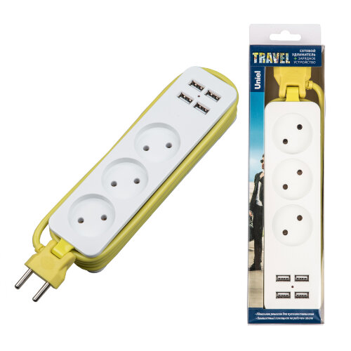 S-CT3-1,8U WHITE/GREEN Удлинитель серии Travel, шнур 1,8м., 3 гнездa, 10A, б/з, 4USB(3,1A) Белый с салатовым. ТМ Uniel - фото